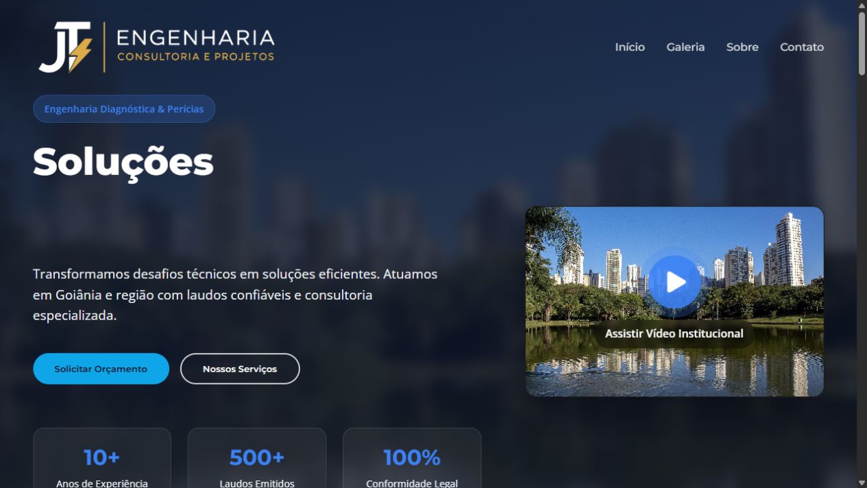Página inicial do site da JT Engenharia, com apresentação dos serviços e contato